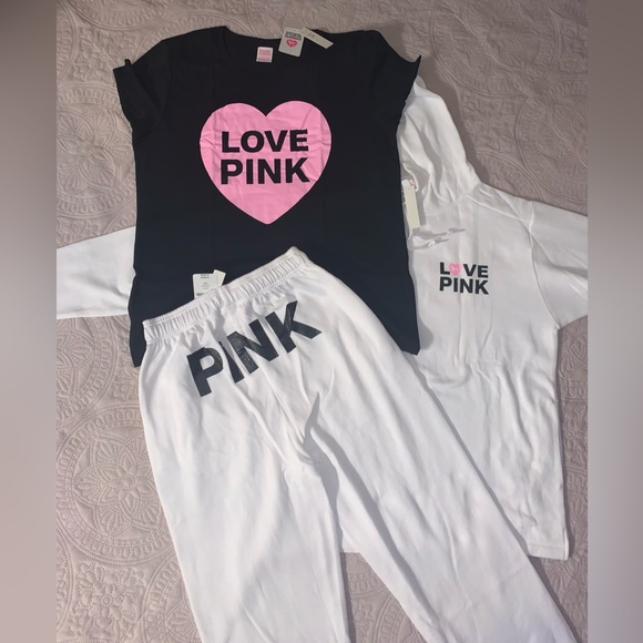 PINK Victoria's Secret Pants - Victoria’s Secret Pink Originals White Pullover Hoodie Campus Sweats & Tee SET